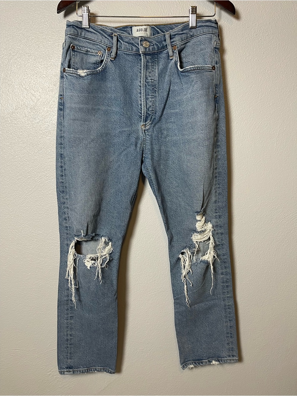 Agolde- Riley Heavily Distressed High Rise Straight Leg Jeans in Light Blue Wash